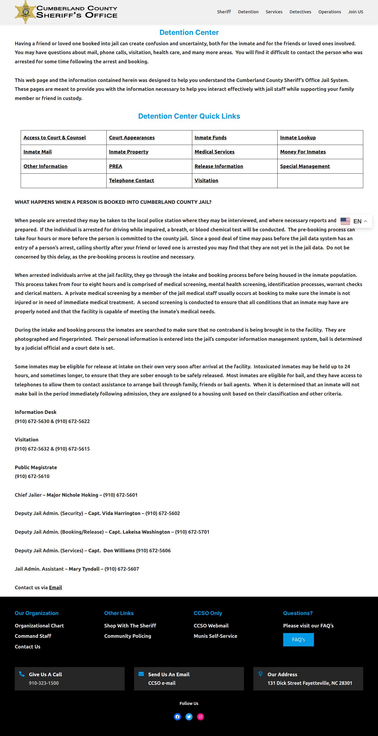 Cumberland County Sheriff Detention Center page with booking information and contact numbers