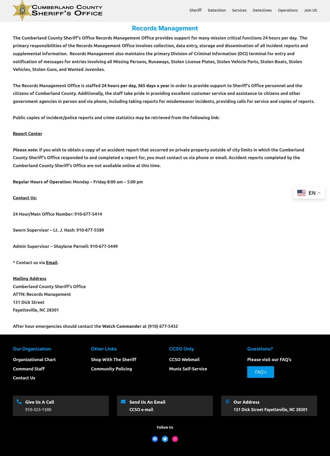 Cumberland County Sheriff Records Management official request information