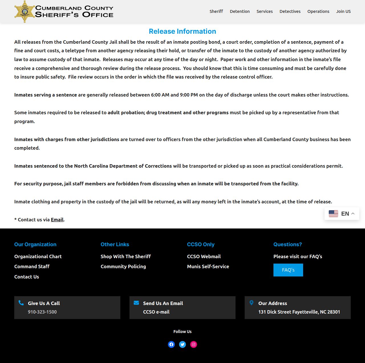 Cumberland County Sheriff release information page explaining release processing and destinations