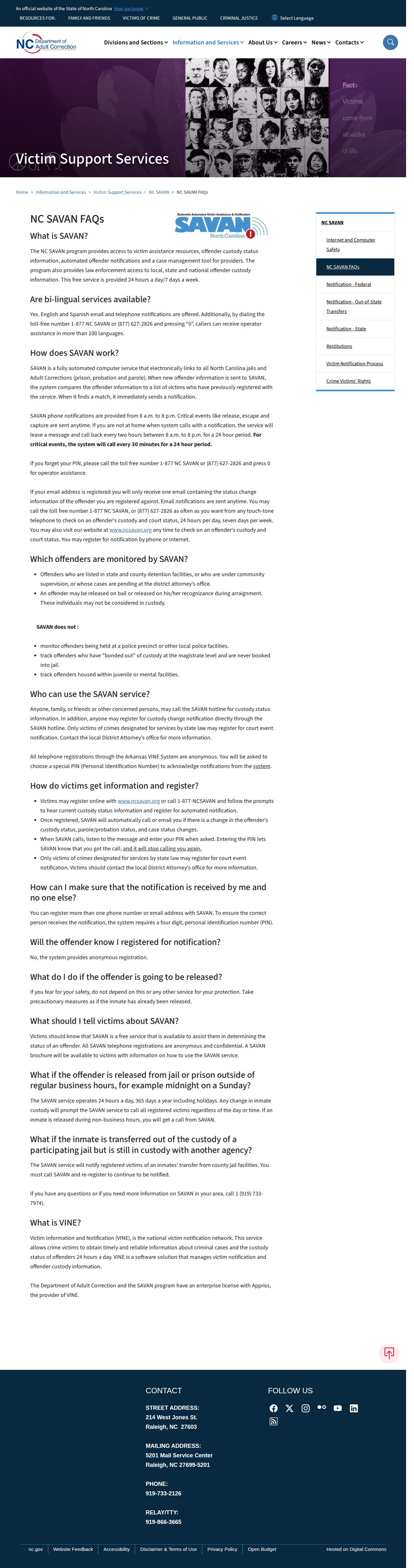 NC SAVAN frequently asked questions on coverage and notifications