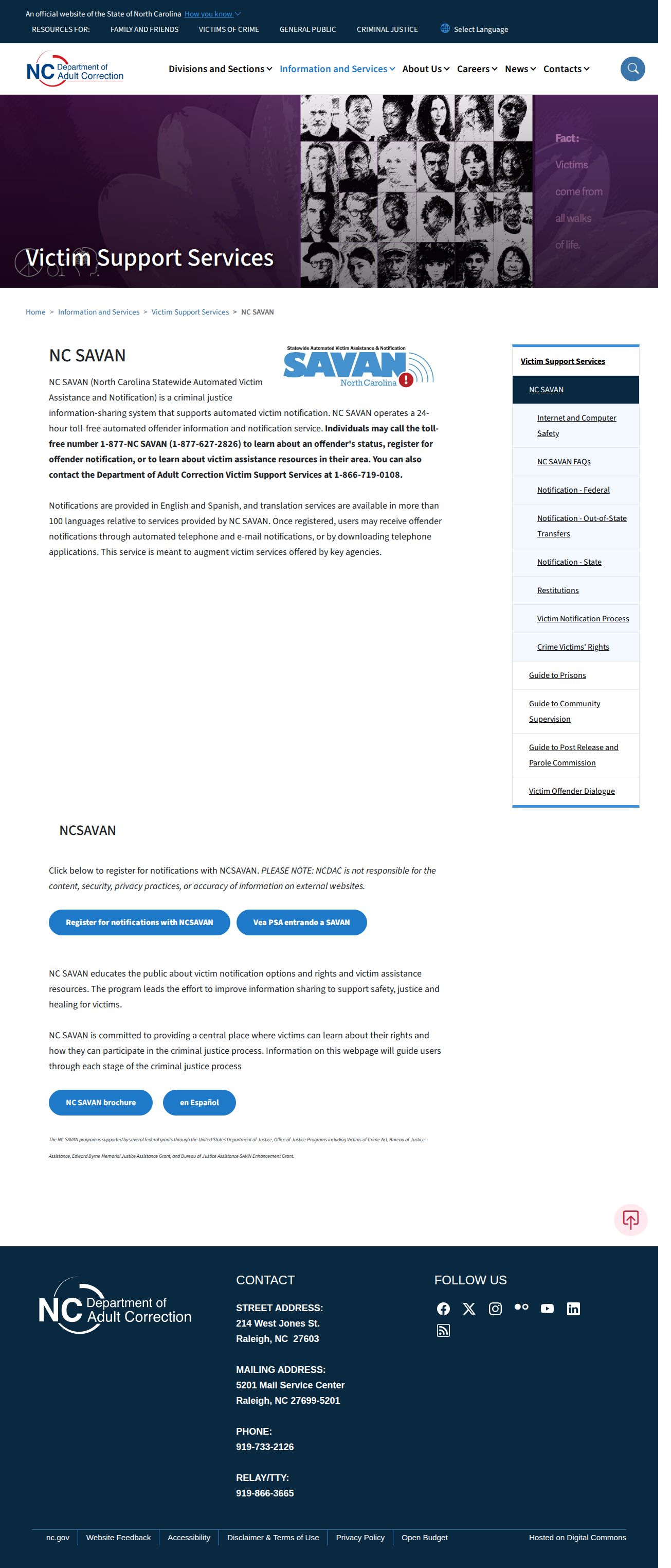 North Carolina SAVAN victim notification landing page