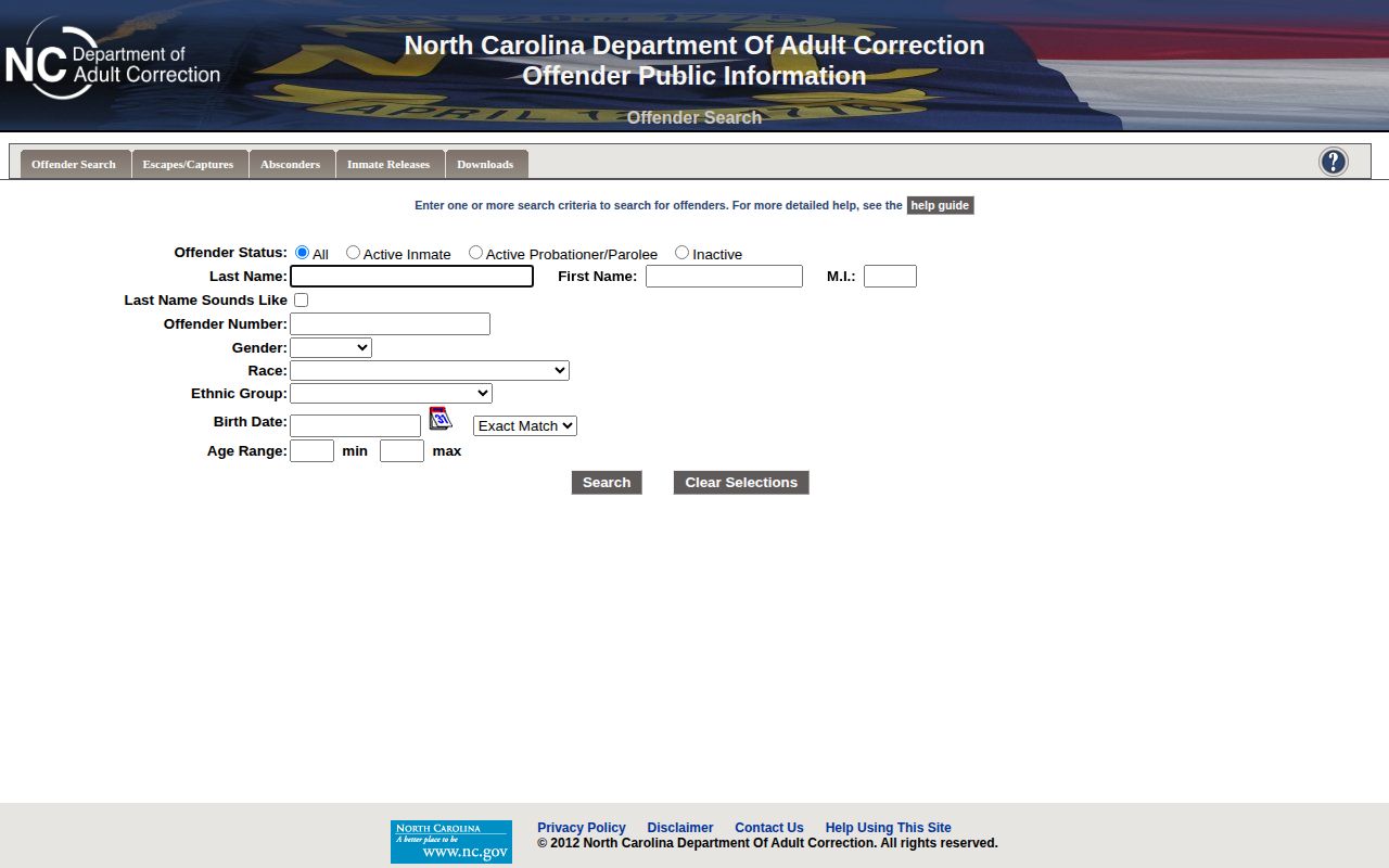 North Carolina offender public information search form