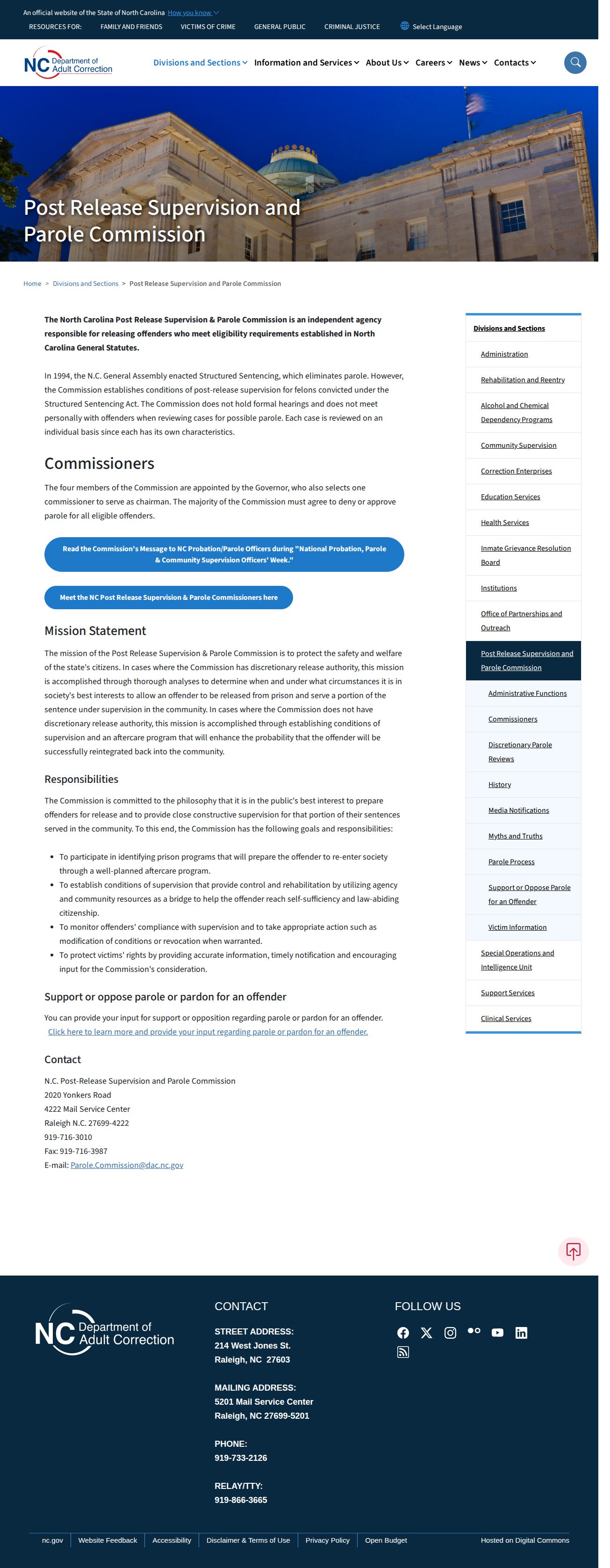 North Carolina Post-Release Supervision and Parole Commission official page